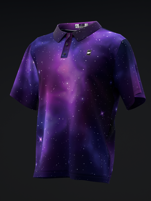 Purple galaxy-patterned bowling polo with starfield design, front view