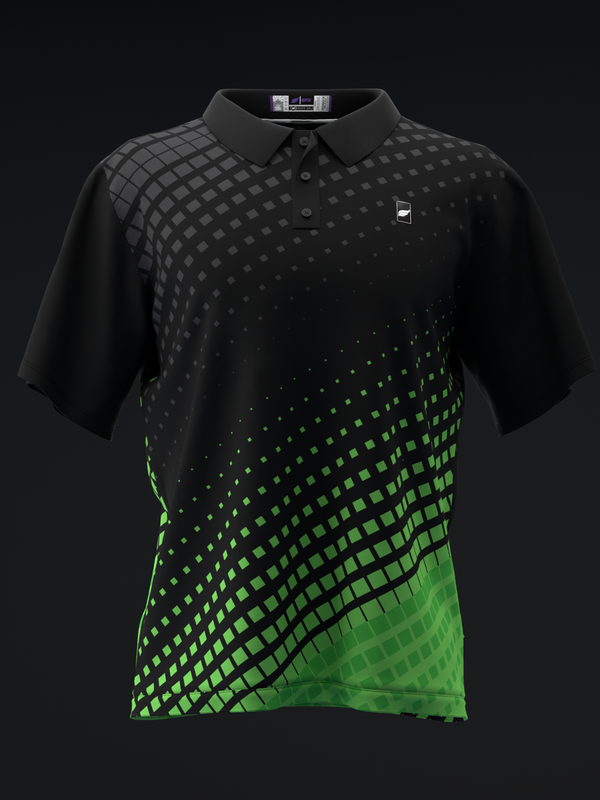 Black polo shirt with gradient halftone dot pattern transitioning to bright green