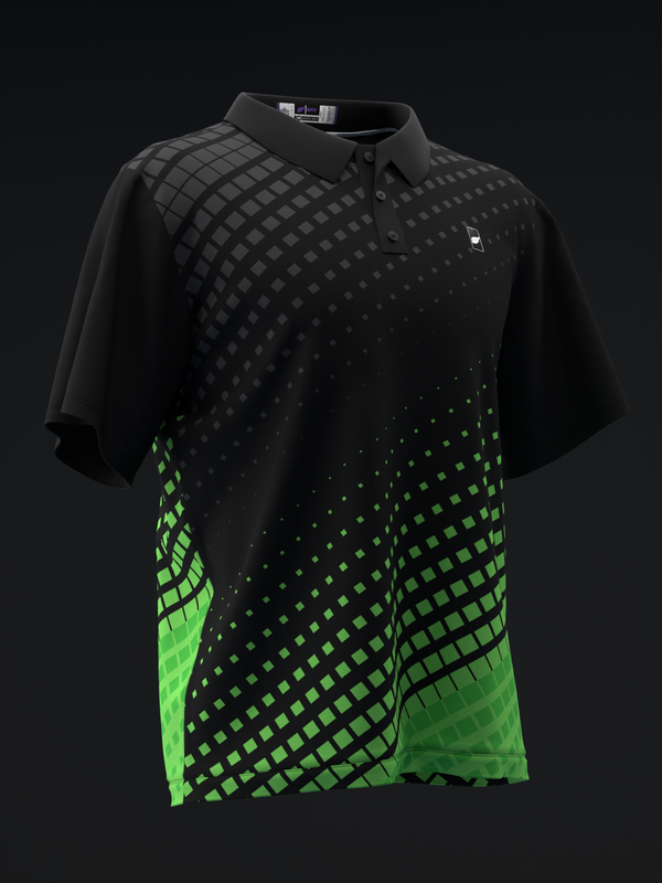 Black and lime green bowling polo with diagonal halftone square pattern, front view