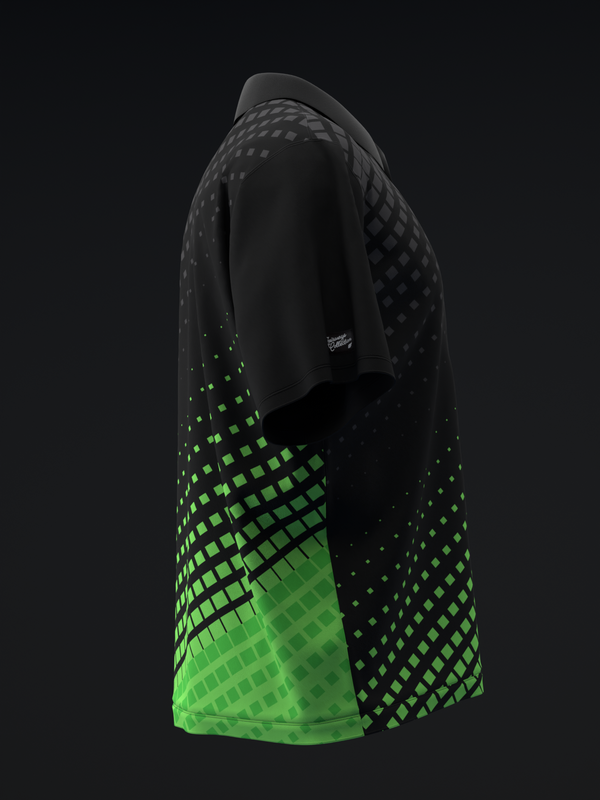 Black polo with halftoned gradient pattern transitioning to neon green, side view