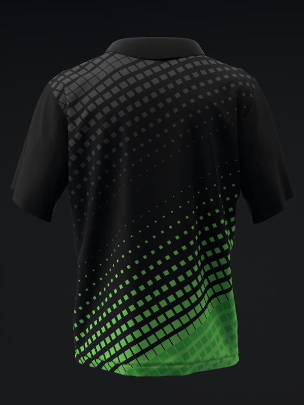 Black bowling polo with diagonal halftone gradient pattern fading to bright green