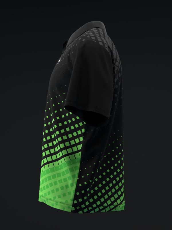 Black bowling polo with bright green halftone pixelated pattern, side view