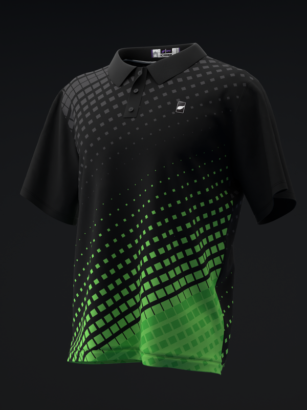 Black bowling polo with gradient halftone dot pattern fading to lime green