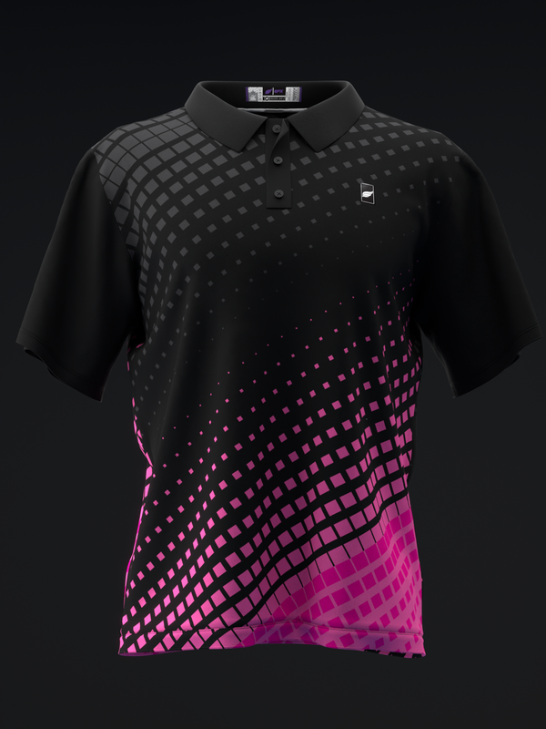 Black polo shirt with gradient halftone dot pattern transitioning to pink