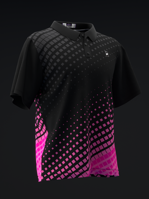 Black bowling polo with gradient halftone dot pattern fading to pink