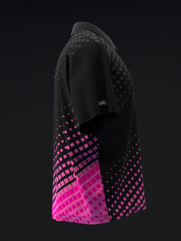 Black bowling polo with gradient halftone pattern fading to hot pink, side view