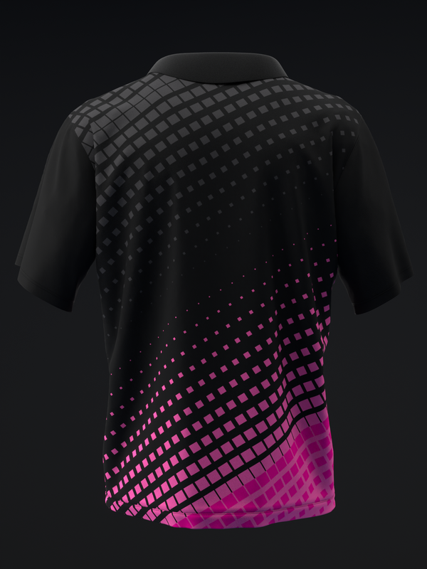 Black bowling polo with gradient halftone dot pattern transitioning to pink