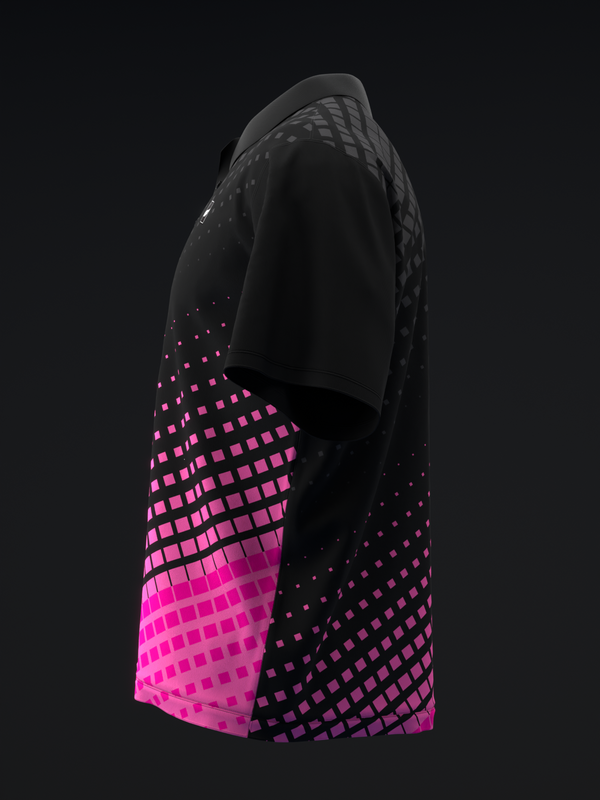 Black bowling polo with pink halftone gradient pixelated pattern, side view