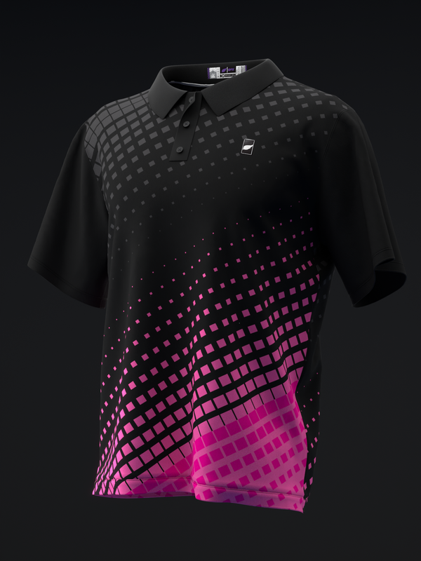 Black bowling polo with gradient halftone dot pattern fading to hot pink