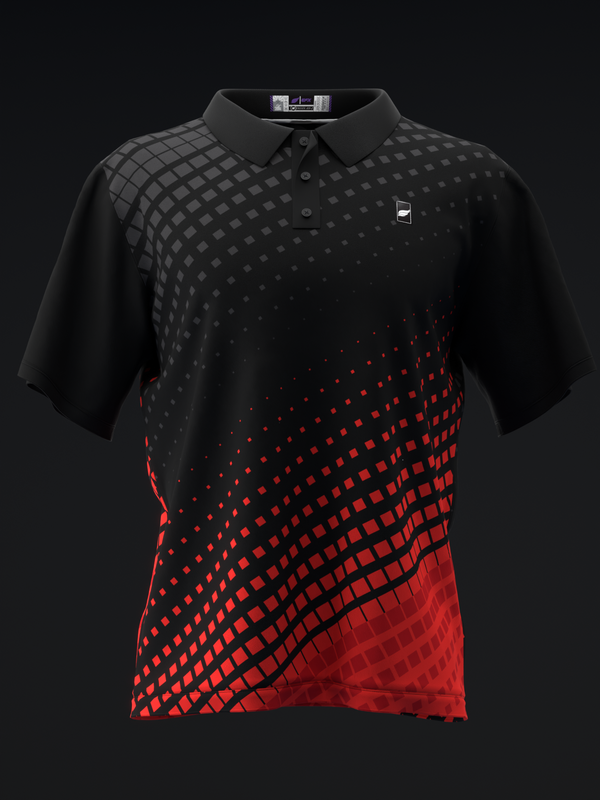 Black bowling polo with red halftone dot gradient pattern on front