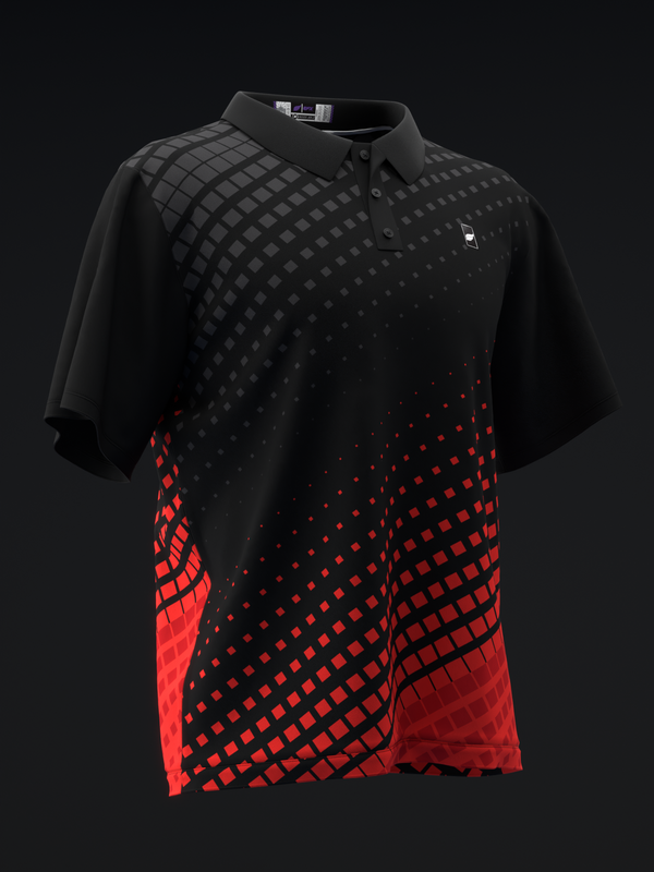 Black and red bowling polo with halftone dot gradient pattern, front view