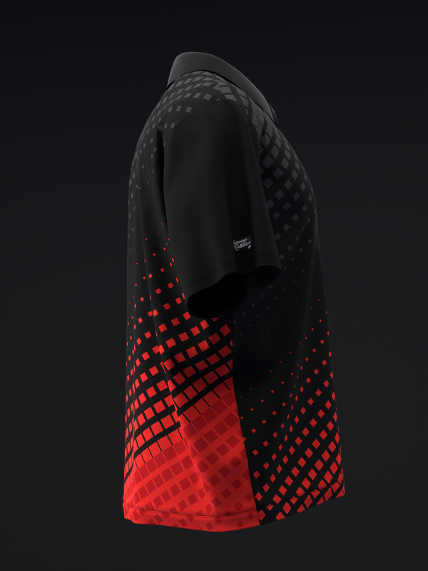 Black bowling polo with red halftone gradient pattern on side, three-quarter view
