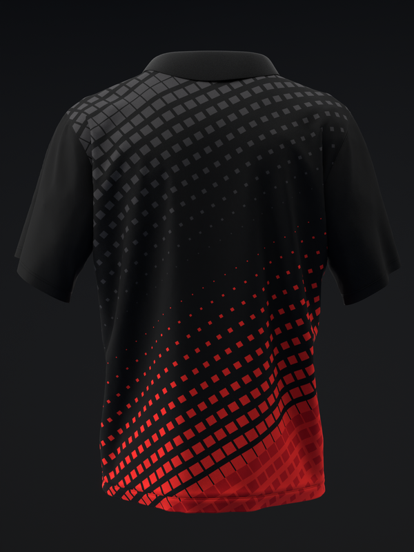 Black bowling polo with halftone gradient design fading to red, front view