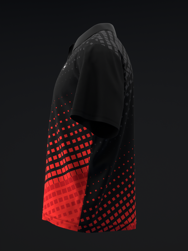 Black bowling polo with red halftone dot gradient pattern, side view