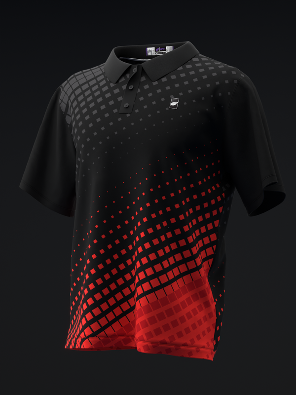 Black bowling polo with gradient halftone dot pattern fading to red