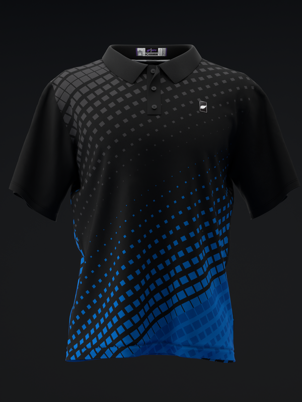 Black polo shirt with blue halftone dot gradient pattern, front view