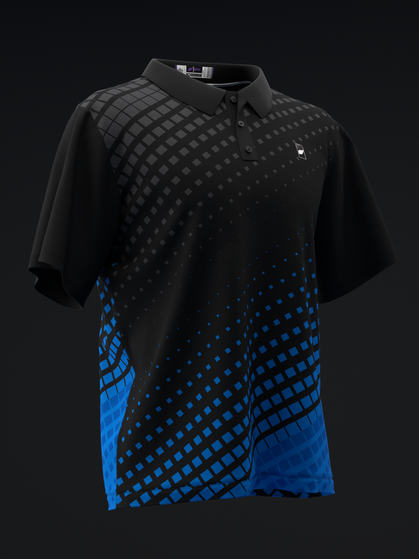 Black and blue bowling polo with halftone dot gradient pattern, front view