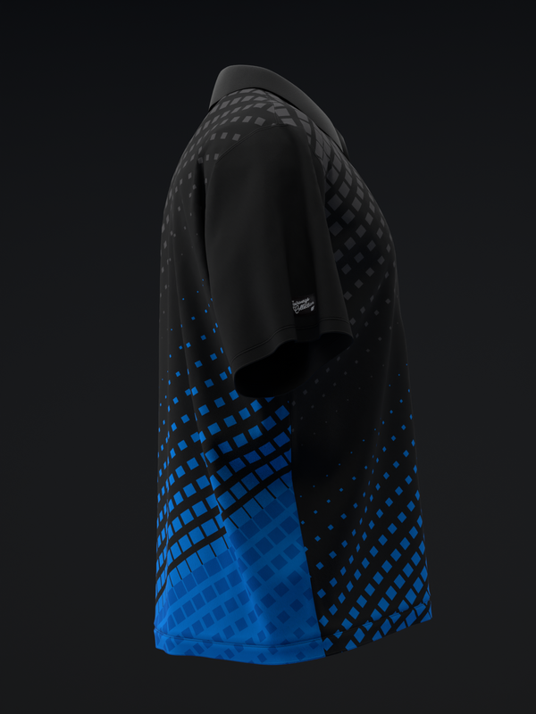 Black and blue bowling polo with halftone gradient pattern, side view