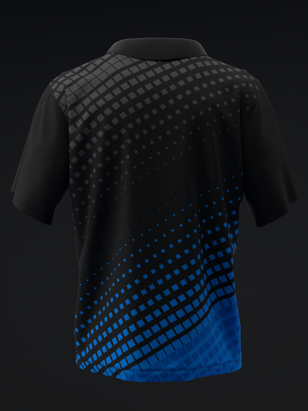 Black bowling polo with halftone gradient design fading to royal blue
