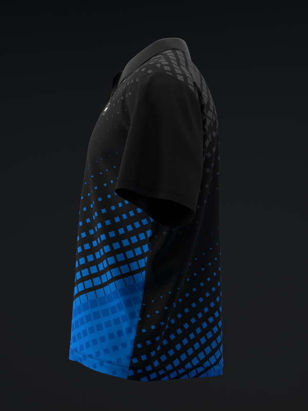 Black bowling polo with blue halftone gradient pattern on side view