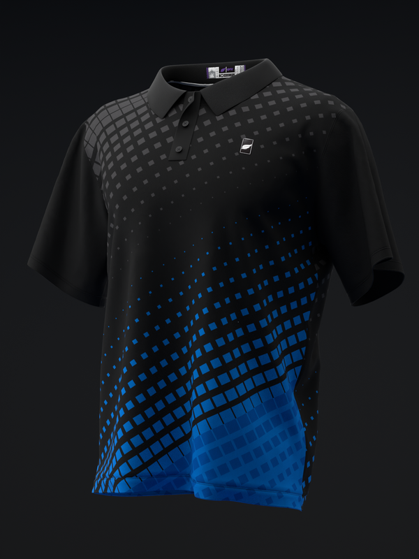 Black bowling polo with blue gradient halftone dot pattern, front view