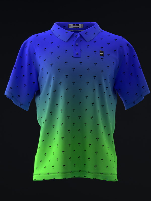 Blue and green gradient polo shirt with small palm tree pattern throughout