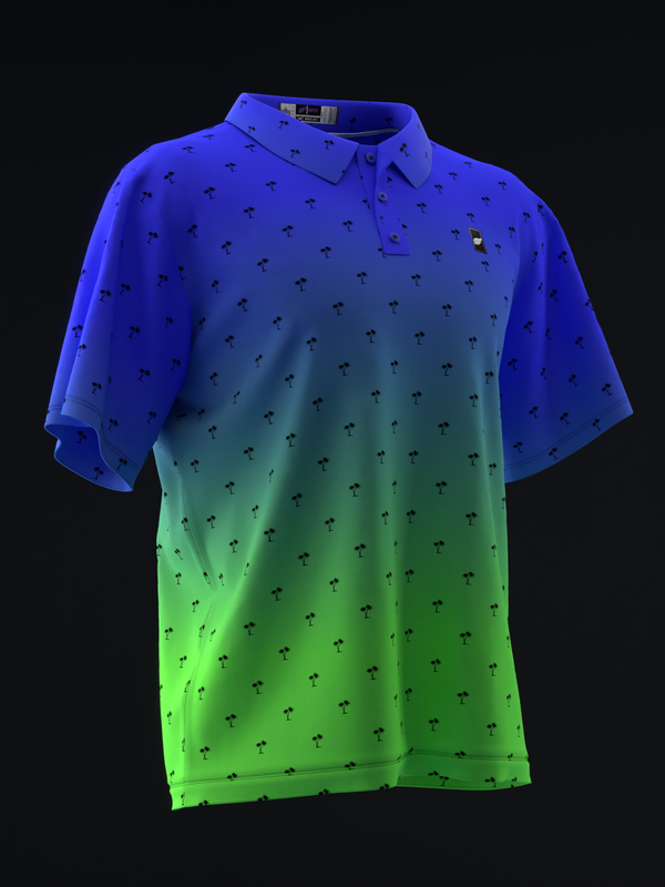 Blue to neon green ombre polo shirt with palm tree pattern