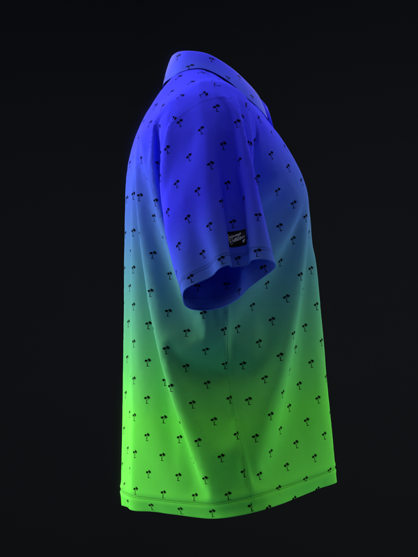 Bowling polo shirt with gradient blue to neon green, repeating palm tree pattern