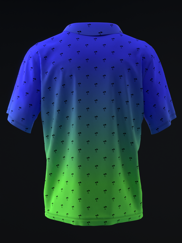 Bowling polo shirt with blue to green gradient and small palm tree pattern throughout back view