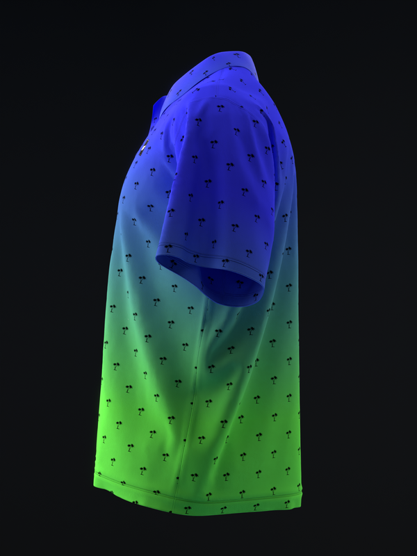 Bowling polo with gradient blue to neon green, all-over palm tree pattern