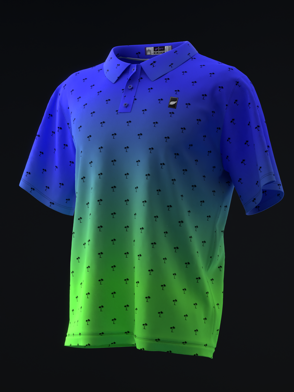 Blue and neon green bowling polo with palm tree print pattern