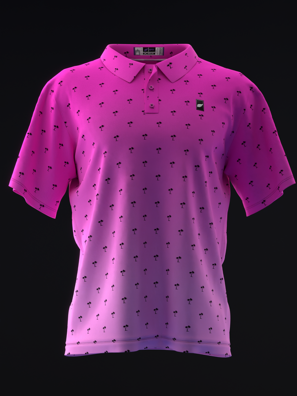 Bright pink polo shirt with small palm tree pattern throughout, front view