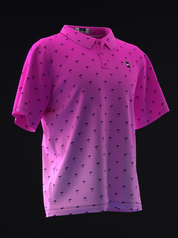 Bright pink polo shirt with small dark palm tree pattern throughout, front view