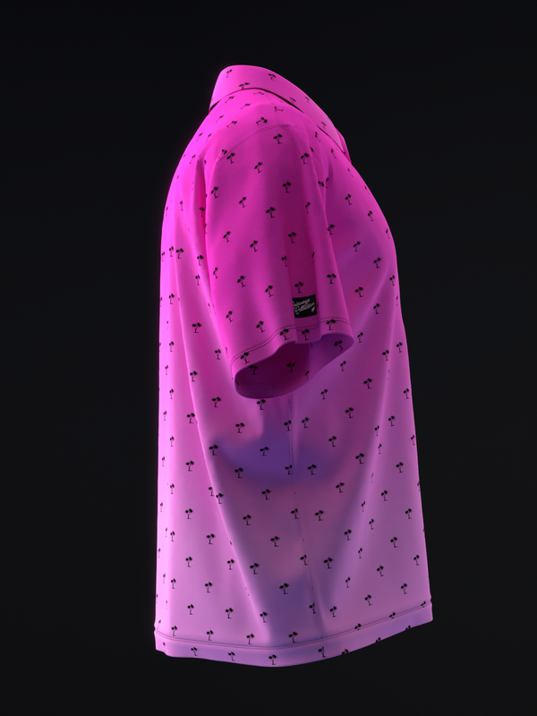 Bright pink bowling polo with small repeated palm tree pattern throughout