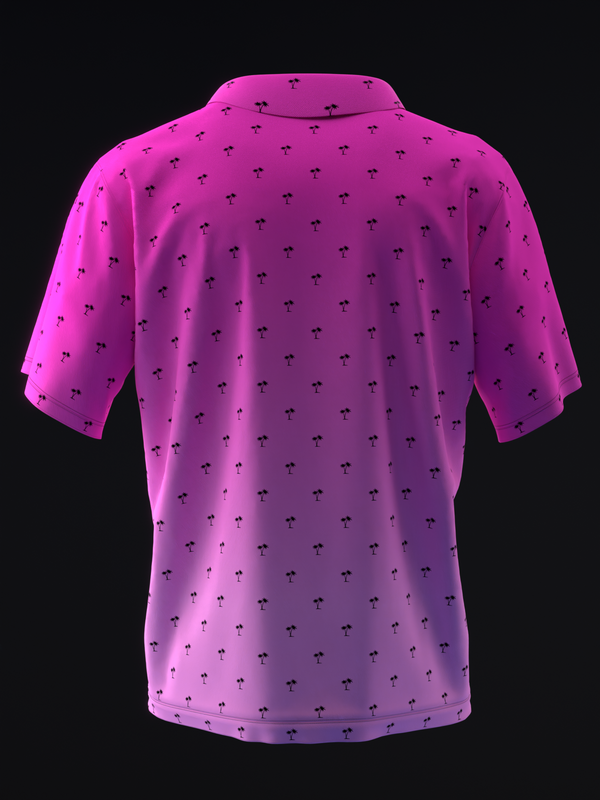 Magenta bowling polo with repeating palm tree pattern, back view