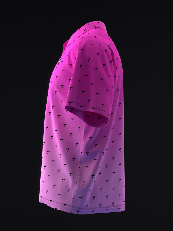 Neon pink bowling polo with small palm tree pattern throughout, side view