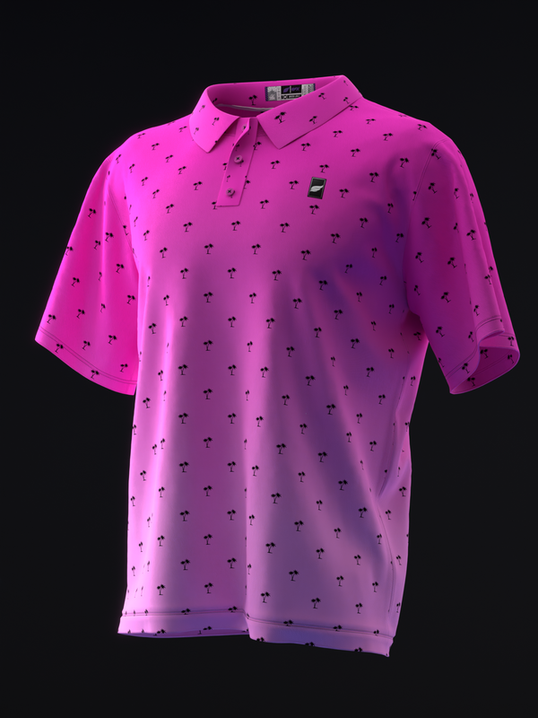Bright pink bowling polo shirt with all-over palm tree pattern and logo detail