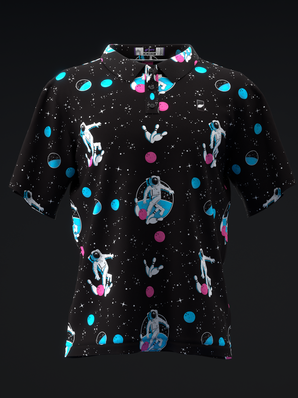 Black bowling polo with neon cyan and magenta space theme graphic print, front view