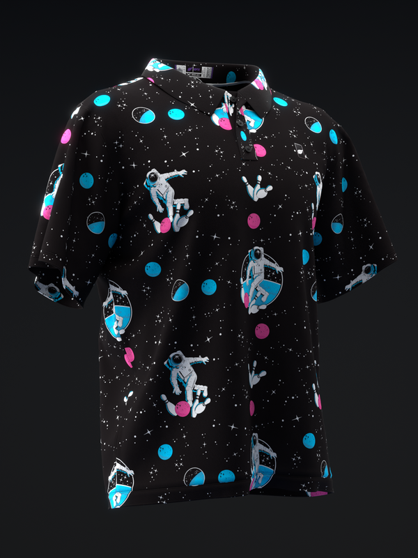 Black bowling polo with neon pink and cyan space-themed graphic print