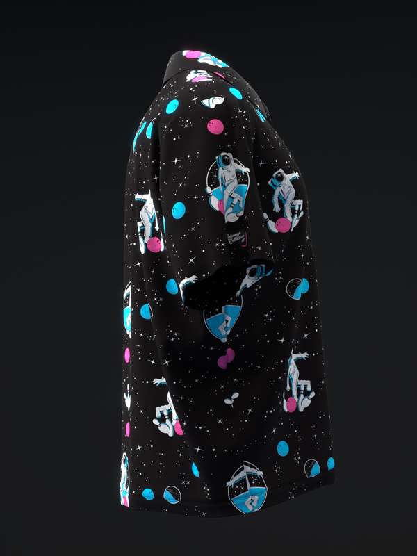Black bowling polo with neon space-themed graphic design and colorful planets