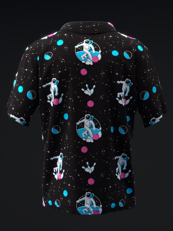 Black bowling polo with astronauts, planets, and stars throughout