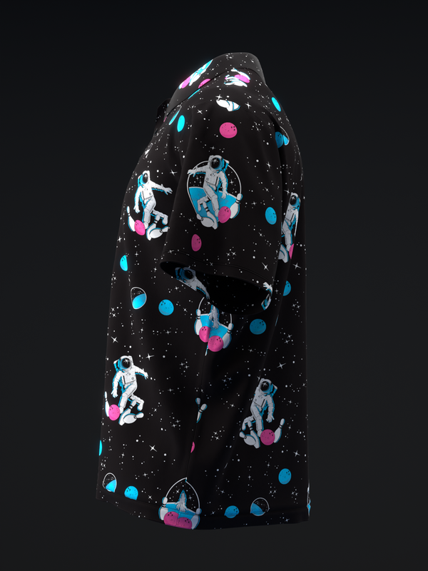 Black bowling polo with colorful astronauts, planets, and stars throughout