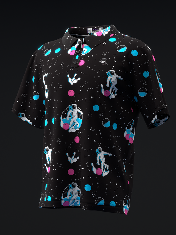 Black bowling polo with neon space and astronaut graphic pattern throughout
