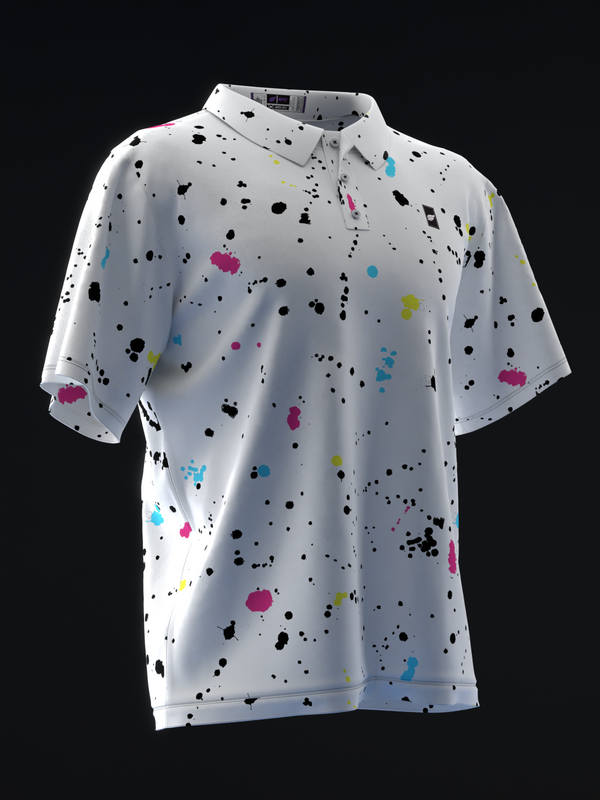 White short-sleeve polo shirt with black and neon splatter pattern throughout
