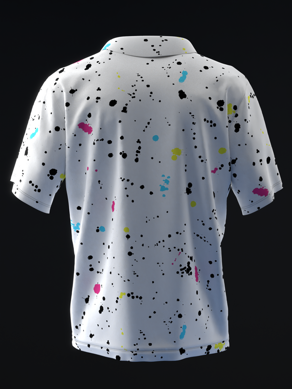 White bowling polo with black and neon splatter pattern throughout, back view