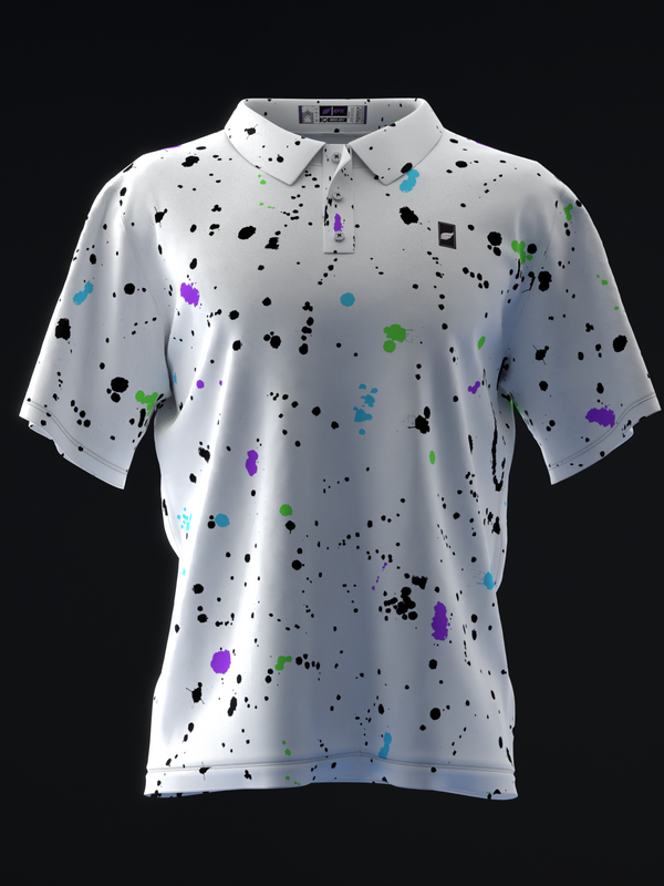 White polo shirt with multicolored splatter pattern, front view