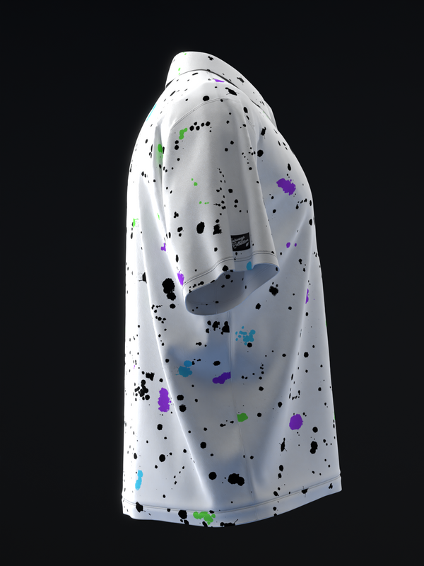 White bowling polo with colorful splatter pattern in neon green, purple, blue, and black