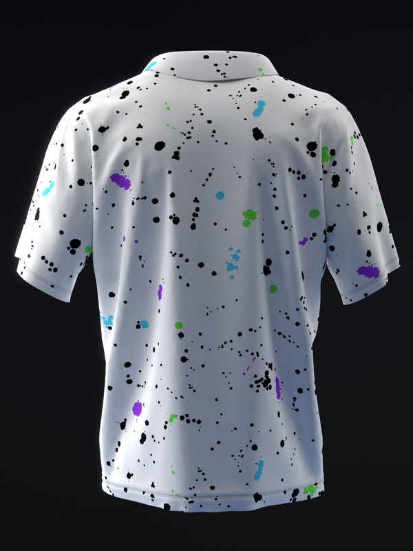 White bowling polo with black and neon splatter pattern, back view