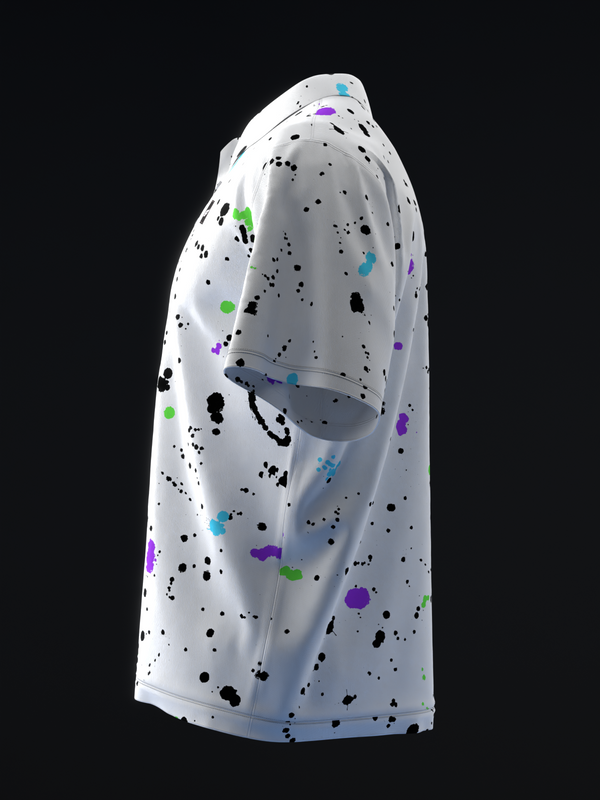 White bowling polo with colorful splatter pattern on side view
