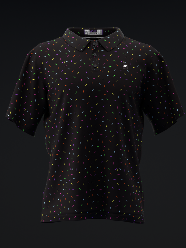 Black bowling polo with multicolored sprinkle pattern throughout, front view